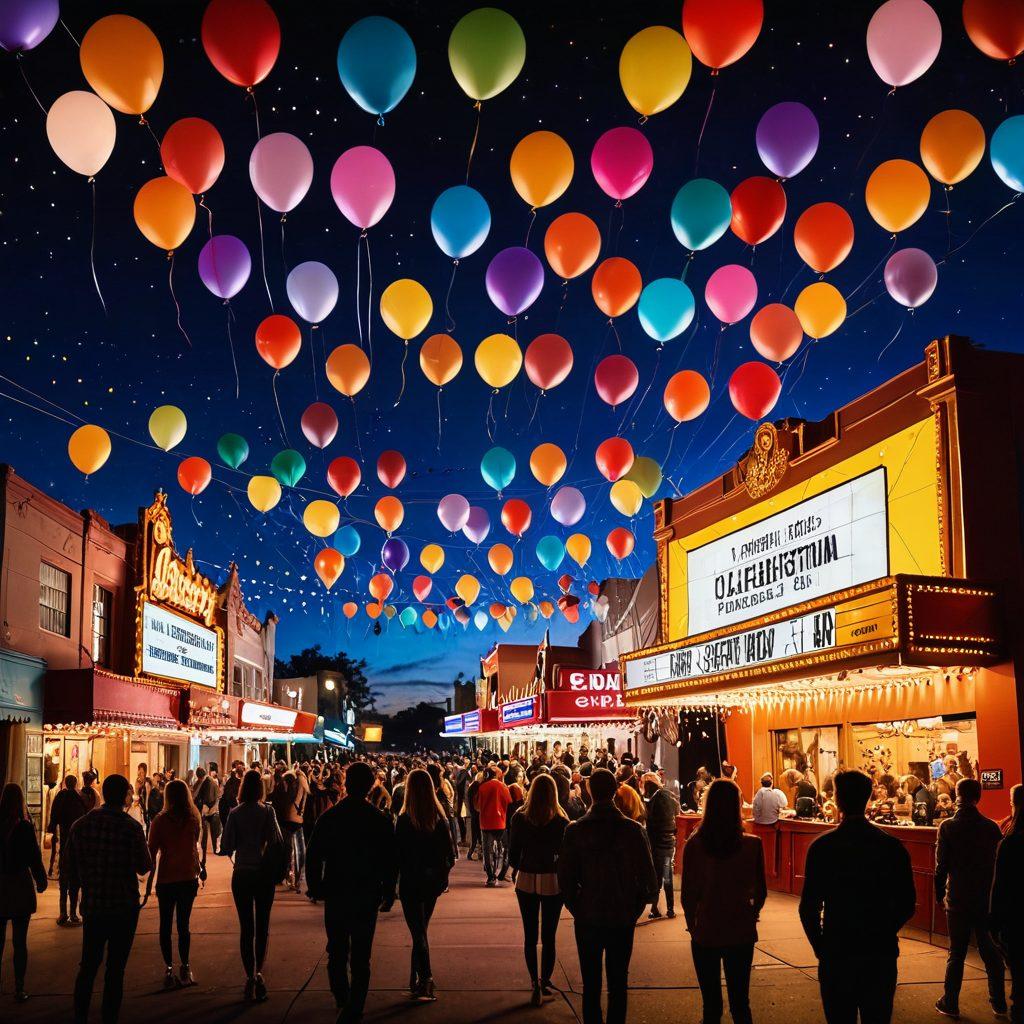 A colorful film set brimming with joy, featuring cheerful filmmakers discussing vibrant storyboards, adorned with helium balloons and twinkling fairy lights. In the background, a whimsical cinema marquee illuminates the night sky, inviting viewers with a splash of bright colors. The main scene should capture the essence of creativity and collaboration in filmmaking. super-realistic. vibrant colors. joyful atmosphere.