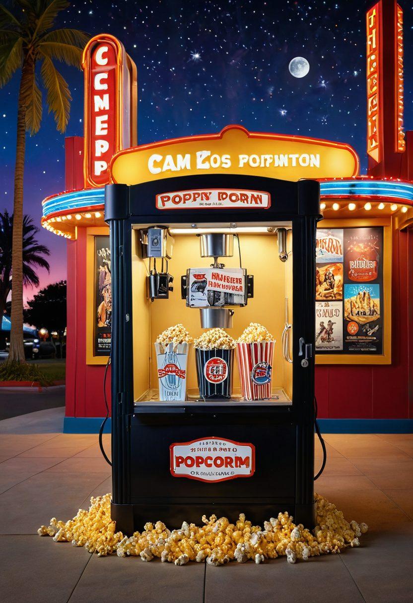 A vibrant film reel unwinding amid a cinematic landscape filled with iconic movie posters and joyful characters from classic films. In the background, a colorful cinema marquee lights up the night sky, radiating the joy of storytelling. A vintage popcorn machine sits at the forefront, overflowing with popcorn, inviting viewers to experience the delight of films. The image encapsulates nostalgia and excitement, capturing the essence of cinema exploration. super-realistic. vibrant colors. 3D.